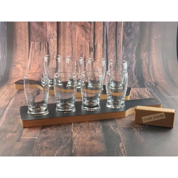 Beer Flight Sampler Set 2 Paddles 8 Glasses 4oz w Chalk Craft Home Bar Dad Gift - Picture 1 of 12